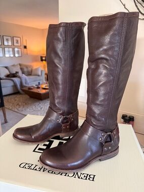 Frye Dark Brown Leather Knee Boots with Harness Detail